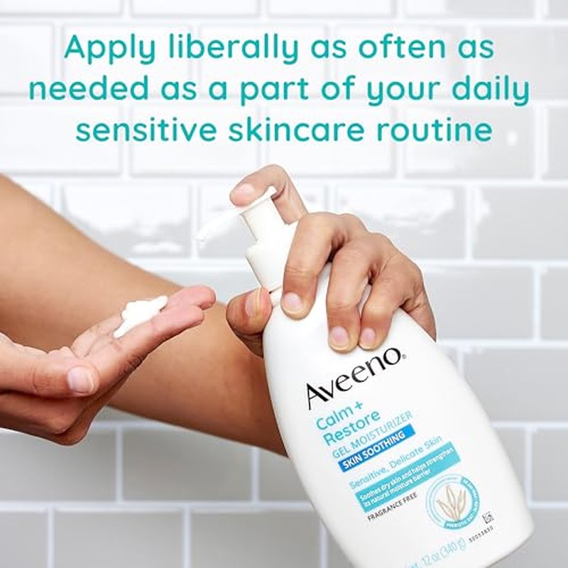 Aveeno Calm + Restore Body Moisturizer Gel for Sensitive Skin, Lightweight Moisturizer to Help Heal Dry Skin with Aloe Vera, Prebiotic Oat and Pro-Vitamin B5, Fragrance Free, 12 OZ