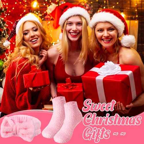 24 Pcs Pink Spa Party Favors Sleepover Party Supplies for Girls Include 12 Spa Headband, 12 Fuzzy Socks for Slumber, Bachelorette, Pajama Gift