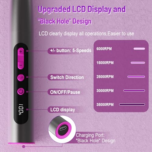 Electric Nail Drill Professional, 35000RPM Cordless Acrylic Nail Kit for Nail Polish Remover, Electric Nail File Buffer Grinder, Nail Filer Electric Manicure and Pedicure kit (Matte Gray)