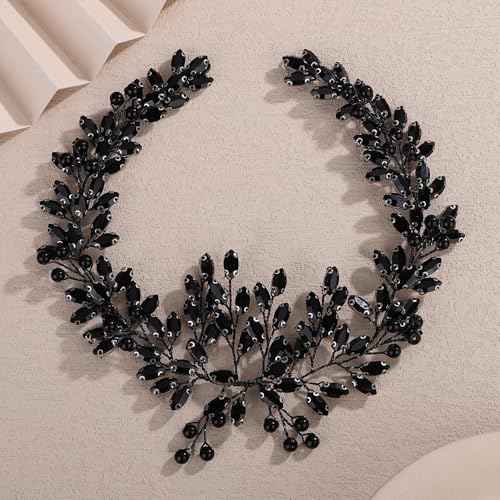 Teyglen Gothic Black Crystal Rhinestone Headband Bridal Crystal Pearl Wedding Hair Vine Simple Rhinestone Hair Piece Halloween Headpiece Costume Hair Accessories for Women(Black)