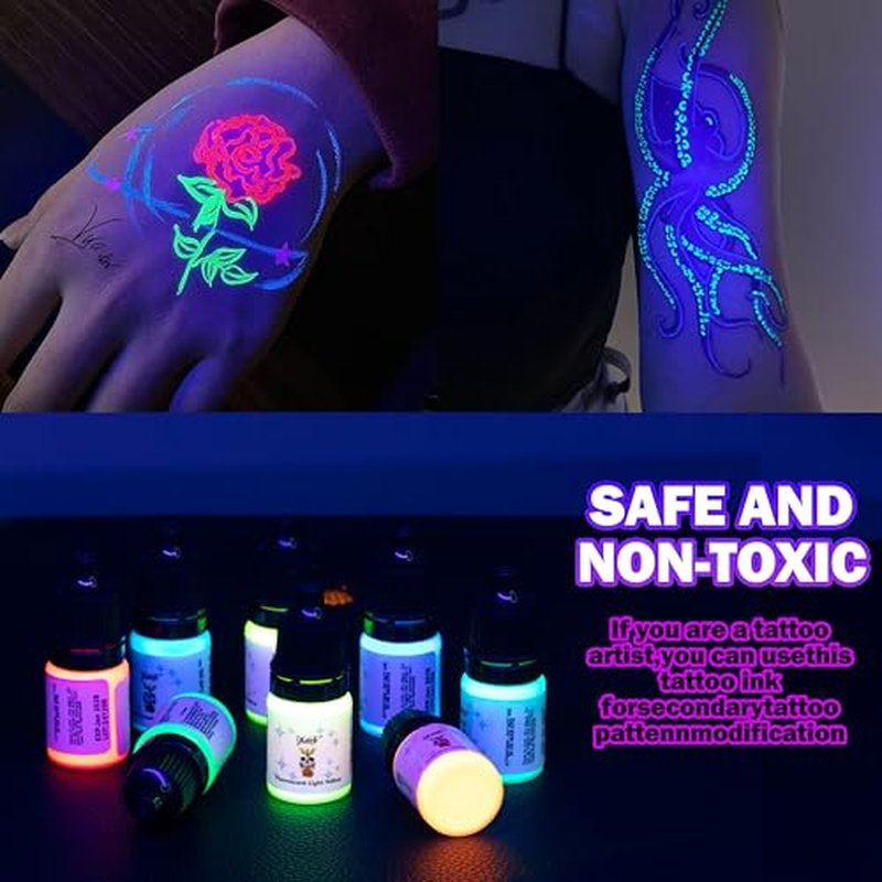 Tattoo Ink Set - Tattoo Inks Pigment Kit, 8 Color 1/6oz 5ml/Bottle Professional Tattoo Fluorescent Ink & Tattoo Equipment for Halloween Supplies (1/6 FL.OZ (5ml), 8Color - B)