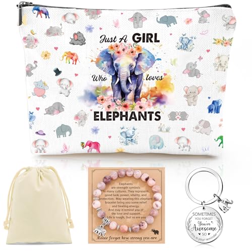 Elephant Gifts for Women - 3Pcs Elephant Lovers Birthday Gifts Set, Cute Cartoon Elephant Makeup Bag Keychain and Healing Bracelets, Christmas Valentines Mother's Day Wedding Gift