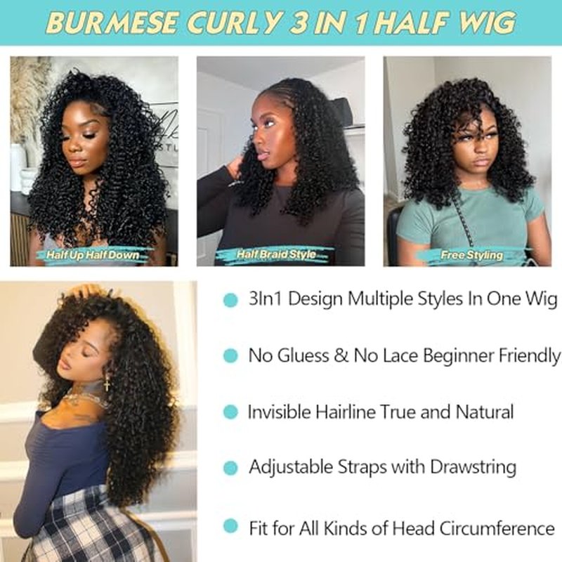 16 Inch Half Wig Burmese Curly Human Hair Wig for Women 250 Density 3 In 1 Seamless Flip Over Half Wigs Beginner Friendly Glueless Wigs Human Hair with Spiral End Natural Color