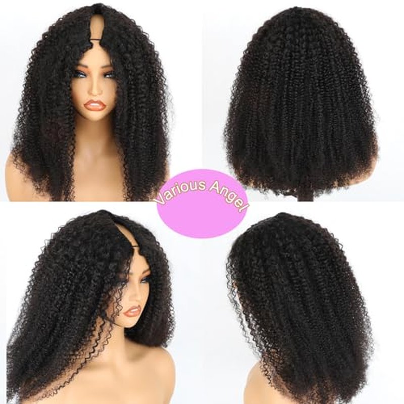 Domiso V Part Human Hair Wig Afro Kinky Curly V Part Wig No Glue No Sew Clip in Half Wig No Leave Out Elastic Band and Removable Clips for Secure Beginner Wig 18 Inch