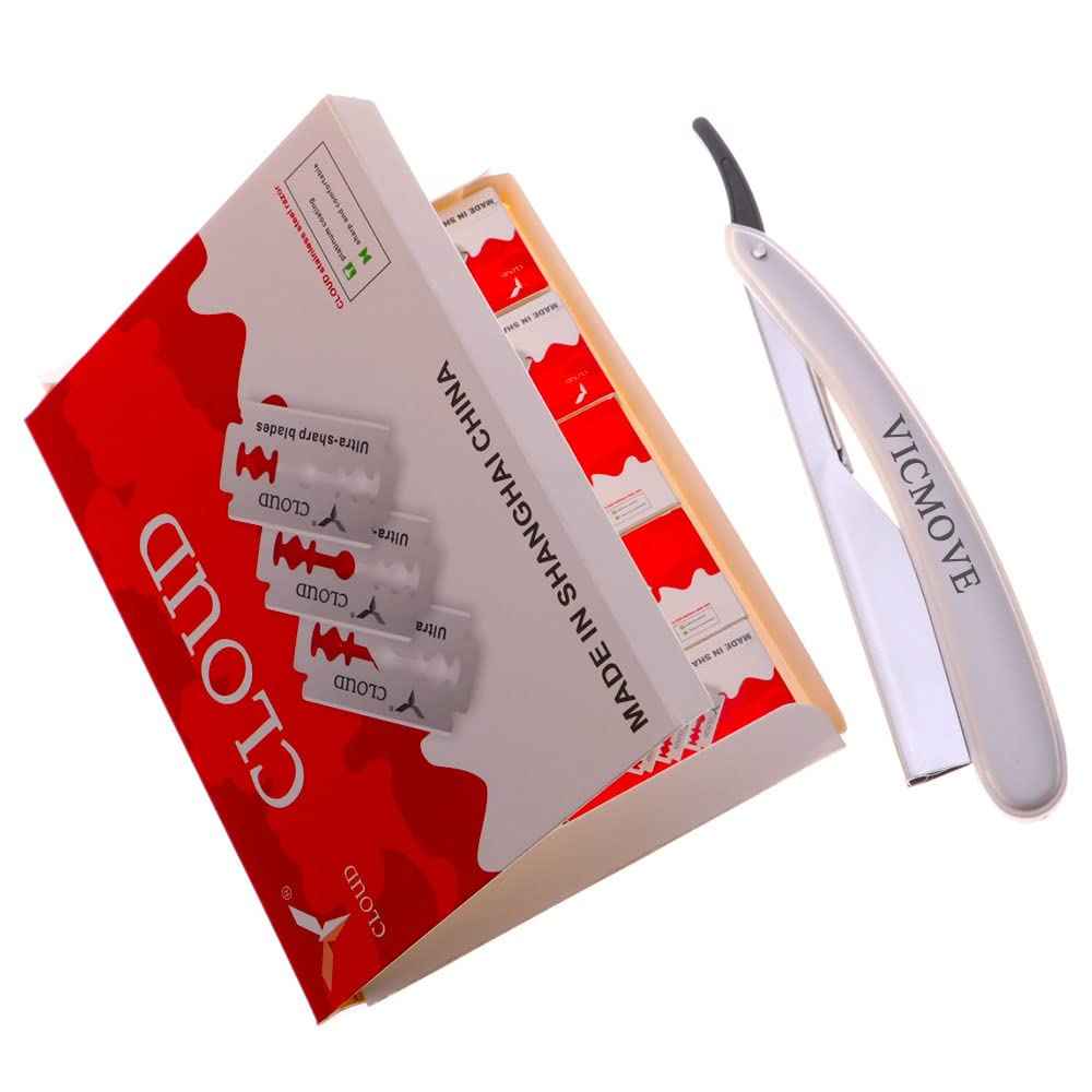 Professional Barber Straight Edge Razor Safety with 200-Pack Derby Blades - 100 Percent Stainless Steel - by VICMOVE (1 razor + 200 blades)