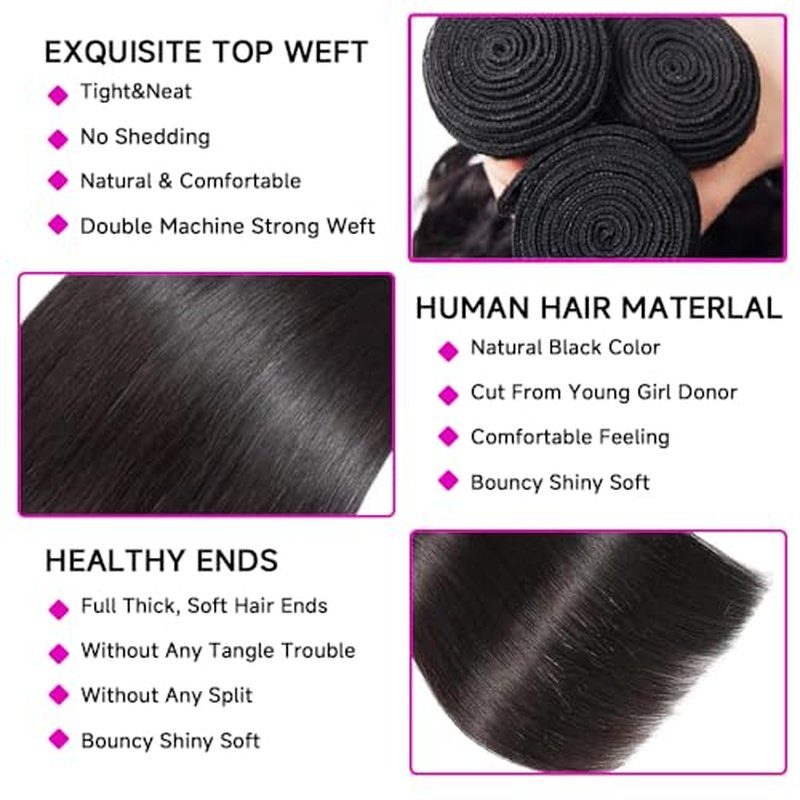 12A Straight Bundles Human Hair 22 24 26 Inch 3 Bundles Human Hair Straight Human Hair Bundles 100% Unprocessed Brazilian Virgin Human Hair Extension