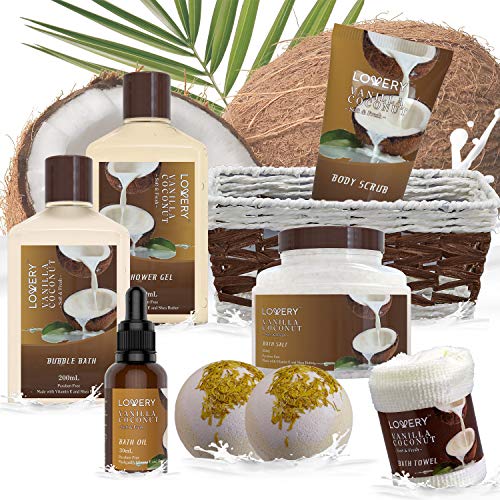 Christmas Gifts For Women Gift Basket for Women? 9 Piece Set of Vanilla Coconut Home Spa Set, Includes Fragrant Lotions, Extra Large Bath Bombs, Coconut Oil, Luxurious Holiday Bath & Body Gift Sets