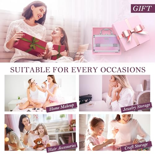 FRENESSA Makeup Train Case Makeup Box Organizer Portable Cosmetic Travel Case Makeup Case with Mirror Locking Make Up Cases Organizers and Storage for Nail Supplies Hard Cosmetic Box Shiny Pink