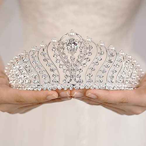 JWICOS Silver Pearl Crown for Women Queen Crown and Tiara for Women Crystal Rhinestone Princess Tiaras Crowns Wedding Hair Accessories for Bride Birthday Party Prom