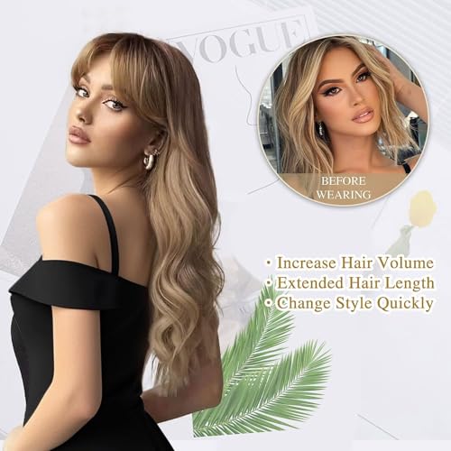 Lativ Blonde Wig With Bangs Long Wavy Curly Ombre Wig with Dark Root Synthetic Heat Resistant Wigs for Women Daily Party Use 26 Inches