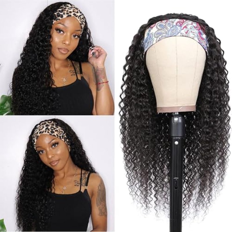 WENYAN Headband Wig Human Hair Deep Wave 22 Inch Wigs for Black Women Glueless None Lace Front Curly Wave Wig Brazilian Virgin Hair Wear and Go Wigs Machine Made 150% Density Natural Color