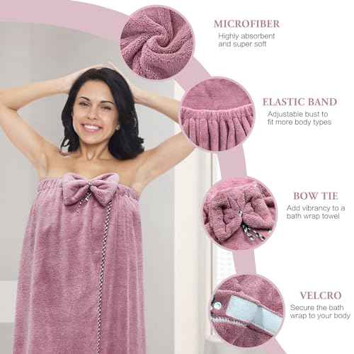 Women Microfiber Bath Towel Wrap - Adjustable Soft Body Wraps Dress with Hair Towel for Shower After Body and Head Cover, Super Absorbent to Quick Drying Hair and Body, Purple