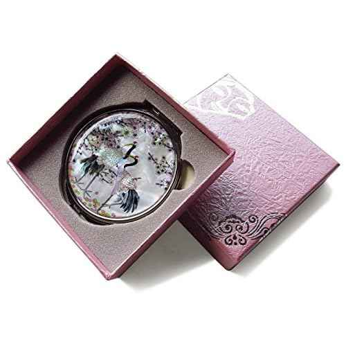 MADDesign Mother of Pearl Compact Mirror Round Double Sided Folding Magnify Crane Apricot Tree Design
