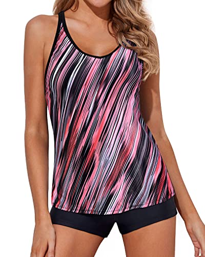 Yonique 2 Piece Tankini Swimsuits for Women with Boy Shorts Athletic Swim Tank Top Bathing Suits Pink Striped XL