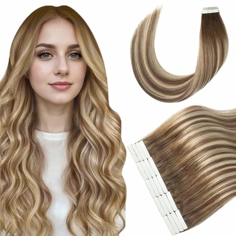 Tape in Hair Extensions Human Hair, 20pcs 50g 22 Inch Tape in Hair Extensions, Balayage Walnut Brown To Ash Brown Mix Light Blonde,Invisible Remy Silky Straight Real Natural Thick Human Hair