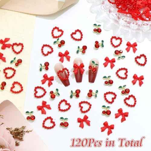 BELICEY 120Pcs Bow Nail Charms Red Acrylic Flatback Heart Nails Decoration Alloy Cherry Charms for Nails Gems and Rhinestones for Women Manicure DIY Nail Art Design Crafts