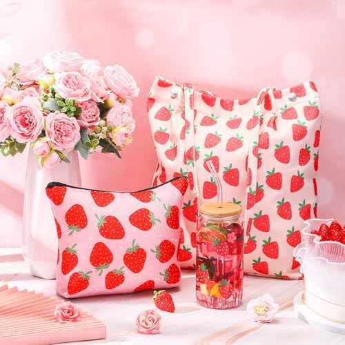 Strawberry Gift Set, Included 16oz Glass Cups with Lids and Straws Waterproof Travel Bag Pouch Strawberry Makeup Bag and Corduroy Tote for Women Christmas Birthday Mothers Day