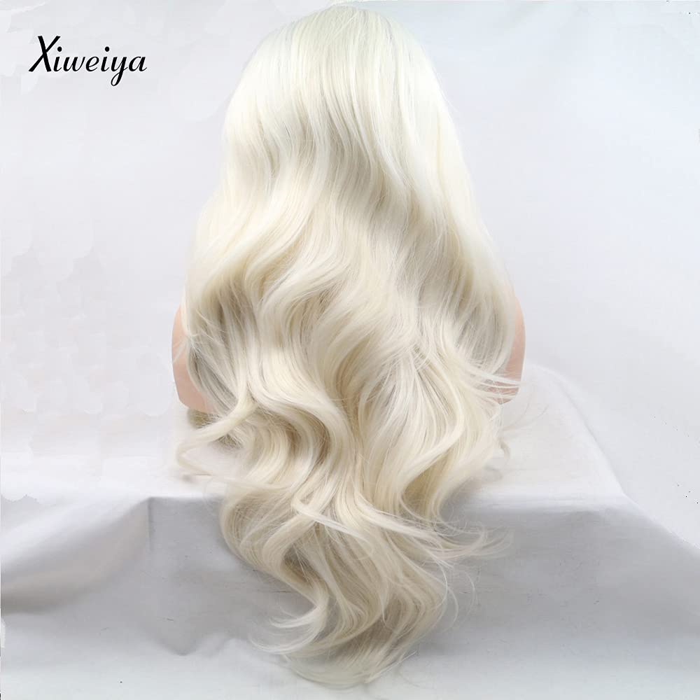 Xiweiyap White Wig Long Wacy Platinum Blonde Synthetic Lace Front Wig With Dark Roots Heat Resistant Fiber for American Women Daily Wear Makeup Party (White)