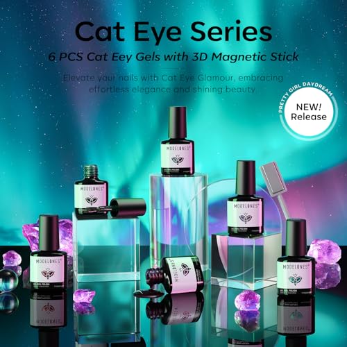modelones Cat Eye Gel Nail Polish, 6 Colors Glitter Red Green Purple Blue Gel Polish Set with Magnet Sparkle Galaxy Series Nail Gel Polish Kit Soak Off Led Nail Art Manicure Salon DIY Gifts