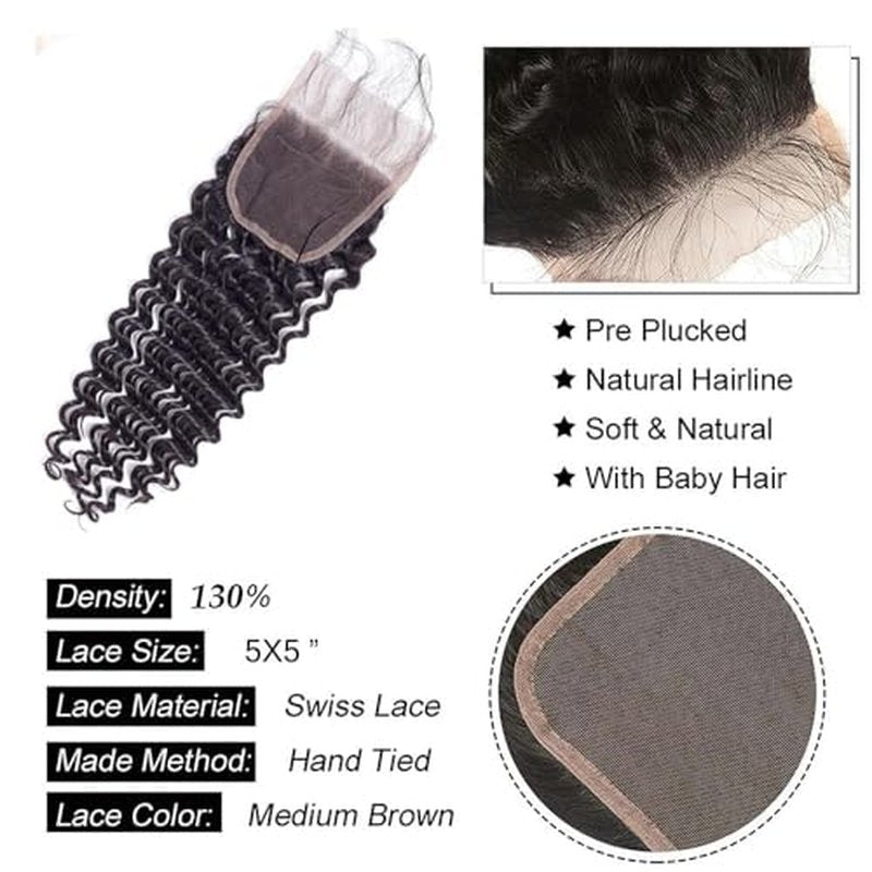 Deep Wave Bundles with Closure Human Hair 18 20 22 inch Human Hair Bundles with 16 inch 5x5 HD Lace Closure Free Part 100% Unprocessed Virgin Hair Bundle Deals Natural Color Soft