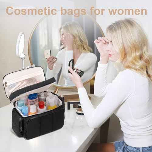 LEDAOU Toiletry Bag for Women, Quilted Travel Makeup Bag Organizer with Double Deck, Large Wide-open Cosmetic Make up Bag for Travel Essentials (Black Puffy)
