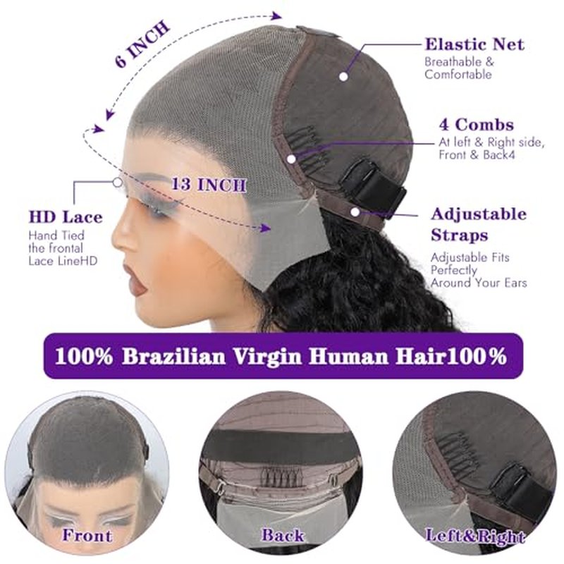 Deep Wave Lace Front Wigs Human Hair 13x6 HD Pre Plucked curly wig 200 Density Deep Wave Curly Glueless Frontal Wigs for woman Human Hair £¨20 inch,Natural Black£©
