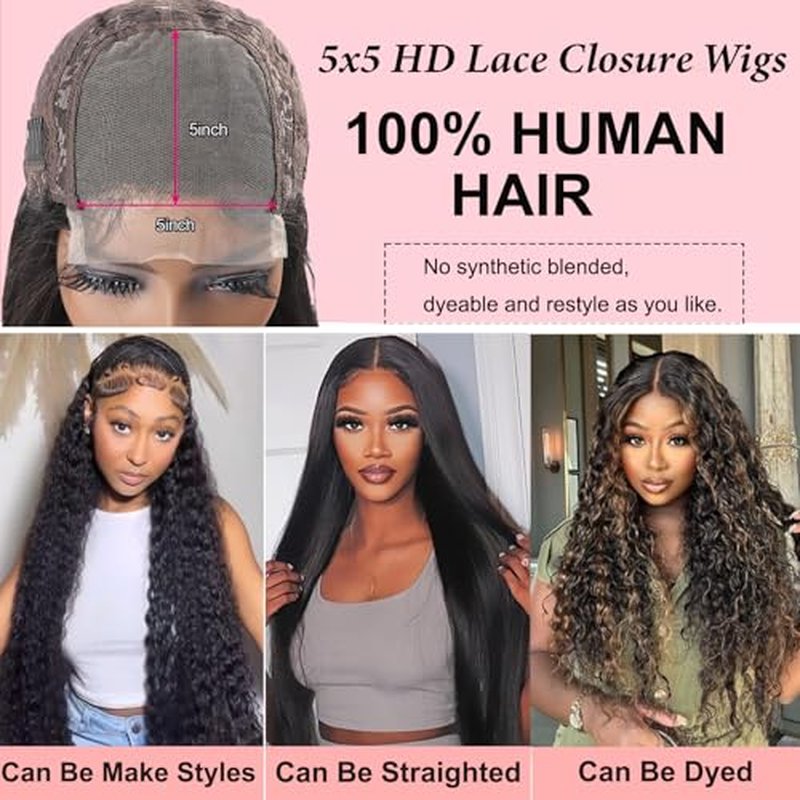 SODLIS 5x5 HD Lace Closure Wigs Wear And Go Glueless Wigs Pre Plucked With Baby Hair Ready to Go Deep Wave Lace Front Wigs for Women (Black, 26 Inch, Curly)
