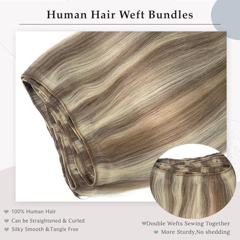 Sew in Hair Extensions Real Human Hair 24 Inch Weft Extensions Real Remy Hair Ash Brown Balayage Platinum Blonde Highlights Weft Full Head Straight Hair Weaves 120G Hair Weft Bundles Straight Hair