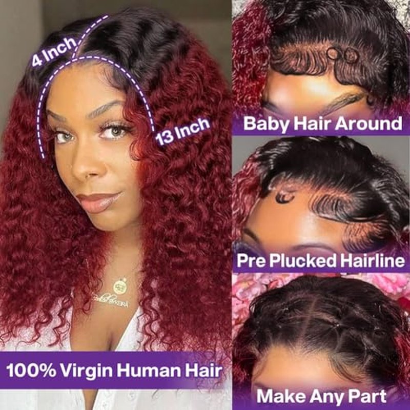Ombre 99J Burgundy BOB Lace Front Wigs Human Hair For Black Women Wear And Go Glueless Wine Red 13x4 HD Short Deep Wave Curly Frontal BOB Wigs Human Hair Pre Plucked 1B/99J 16 Inch
