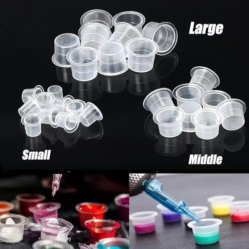 Tattoo Ink Caps Set, 600 Pieces Cups with 4 Green Cup Holders, Mixed Sizes Large Medium Small, Plastic Pigment Cups, Tattooing Machine Plastic Supplies Kit