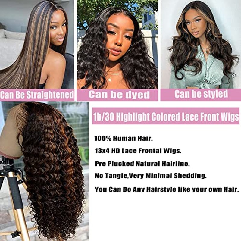 20 Inch Highlight Ombre Lace Front Wig Human Hair Pre Plucked 1B/30 Black Brown 13x4 HD Lace Frontal Wigs Human Hair Deep Wave Honey Blonde Wigs for Black Women 180% Density
