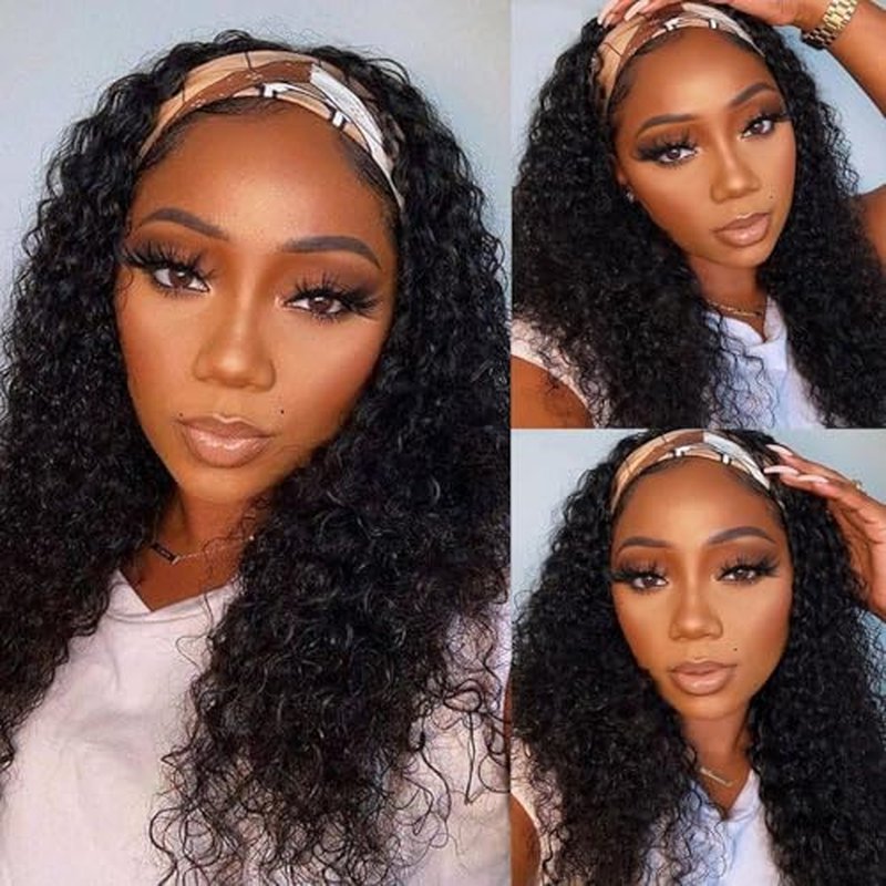 Deep Wave Headband Wig Human Hair 24 Inch Curly Headband Wigs for Black Women Human Hair Glueless None Lace Front Wig Brazilian Virgin Hair Wear and Go Wigs 150% Density Natural Black Color