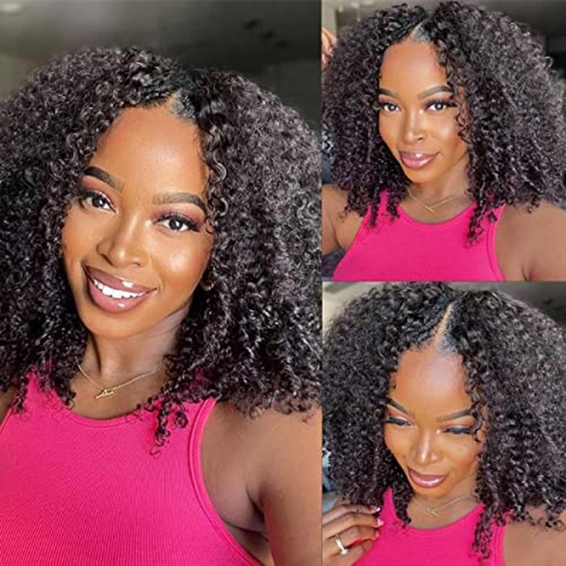 Domiso V Part Wig Human Hair Glueless Upgrade U Part Human Hair Wig 180% Density Kinky Curly Wigs for Women No Leave Out No Glue Beginner Friendly 9A Brazilian Virgin Hair Natural Color 20 Inch