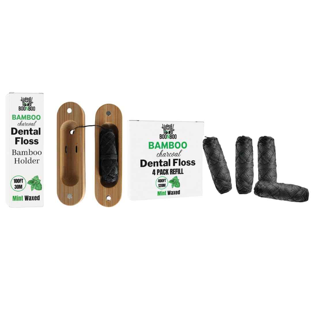 Charcoal Dental Floss with Bamboo Holder and 4 Pack Refill