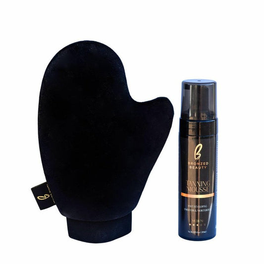 Bronzed Beauty Self-Tanning Mousse Kit 6.7fl oz Medium Self-Tan Mousse with Mitt Bundle Fast-Drying Easy Application Body Bronzer Hydrating Formula with Aloe Vera and Vitamin E