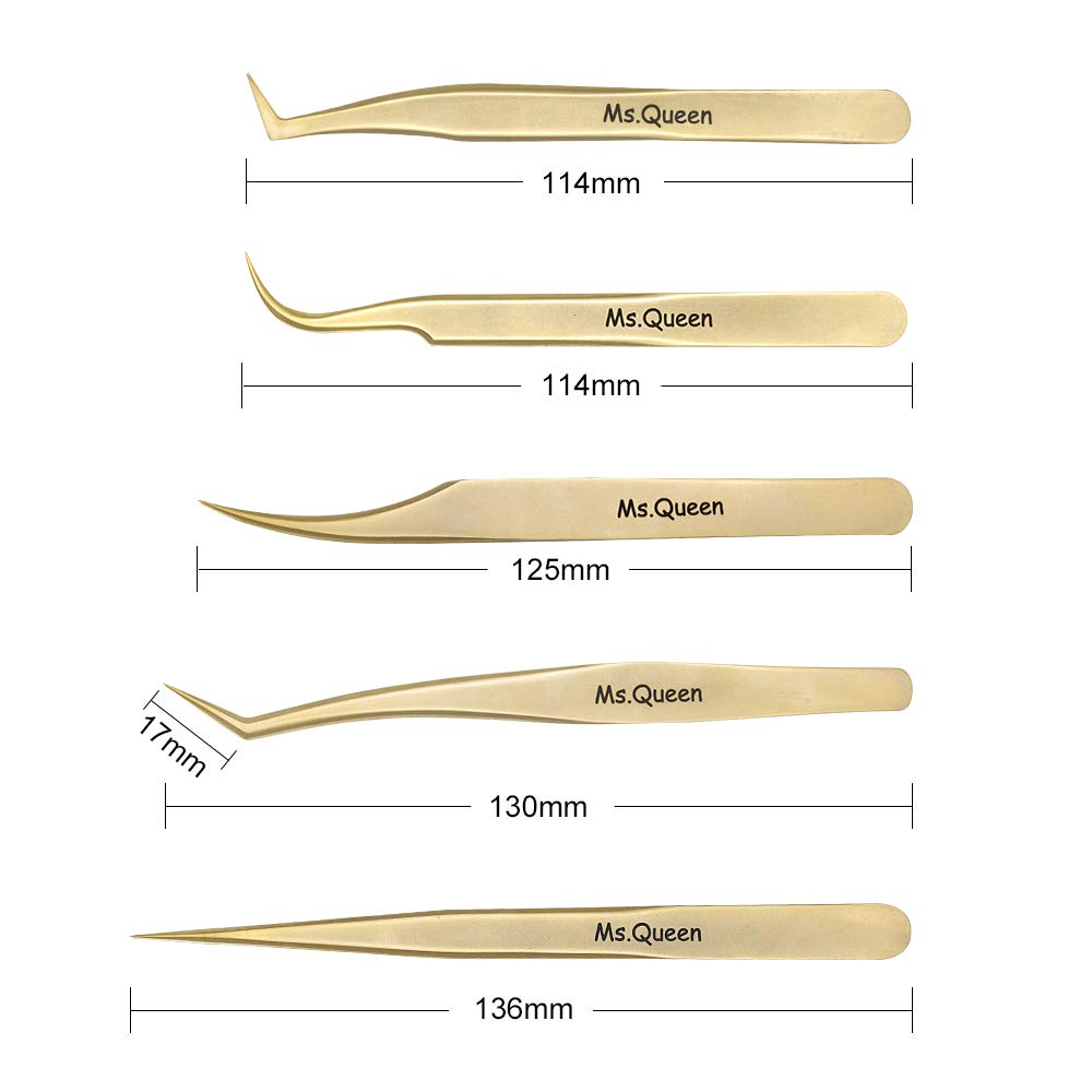 Ms.Queen Eyelash Extension Tweezers-Precision Tweezers for 2D-6D Volume&Individual False Lashes Extensions-Golden-5pcs Tweezers Set
