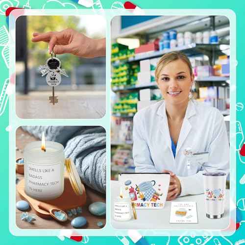 6 Pcs Pharmacy Technician Gifts Include Cup Portable Cosmetic Bag Badge Keychain Aromatherapy Thank You Card Pharmacy Technician Accessories for Doctors Nurses Week Gift Supplies