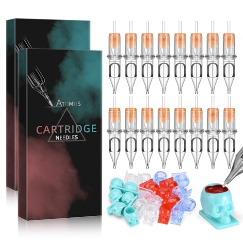 ATOMUS 40pcs Tattoo Cartridge Needles with 20pcs Silicone Ink Cups Size #10 RL RS RM Round Liner Tattoo Needles for Tattoo Gun Pen Liner Pattern (3RS+5RS+7RS+9RS)