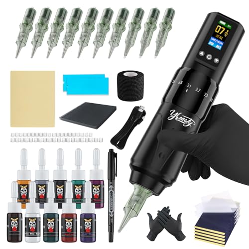 Wireless Tattoo Gun Kit - Professional Rotary Tattoo Machine with 1,600 mAh Power Supply, Complete Tattoo Pen Set with 10Pcs Cartridge Needles for Beginners Tattoo Supplies (Black, 76Pcs)