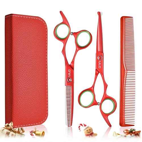 ULG Kids Hair Cutting Scissors Set - Safe Round Tip Shears for Toddlers, Adults & Pets, Professional Japanese Stainless Steel, 30-Tooth Thinning & Razor Edge Barber Kit with Comb & Case, Christmas Red