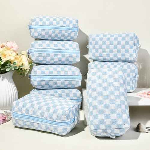 8 Pcs Checkered Makeup Bag Bridesmaid Proposal Gifts Makeup Pouch Bulk for Wedding Party Favors Bachelorette Party Decorations Toiletry Organizer Bag Cosmetic Case Gift