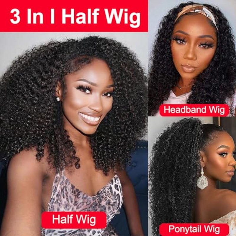Kinky Curly Half Wig Human Hair 200% Density 3 In 1 Curly Half Wig Seamless Drawstring Curly Human Hair Wig Wear Go Glueless Wigs Human Hair Beginner Friendly (Kinky Curly Nautal Color, 18 Inch)