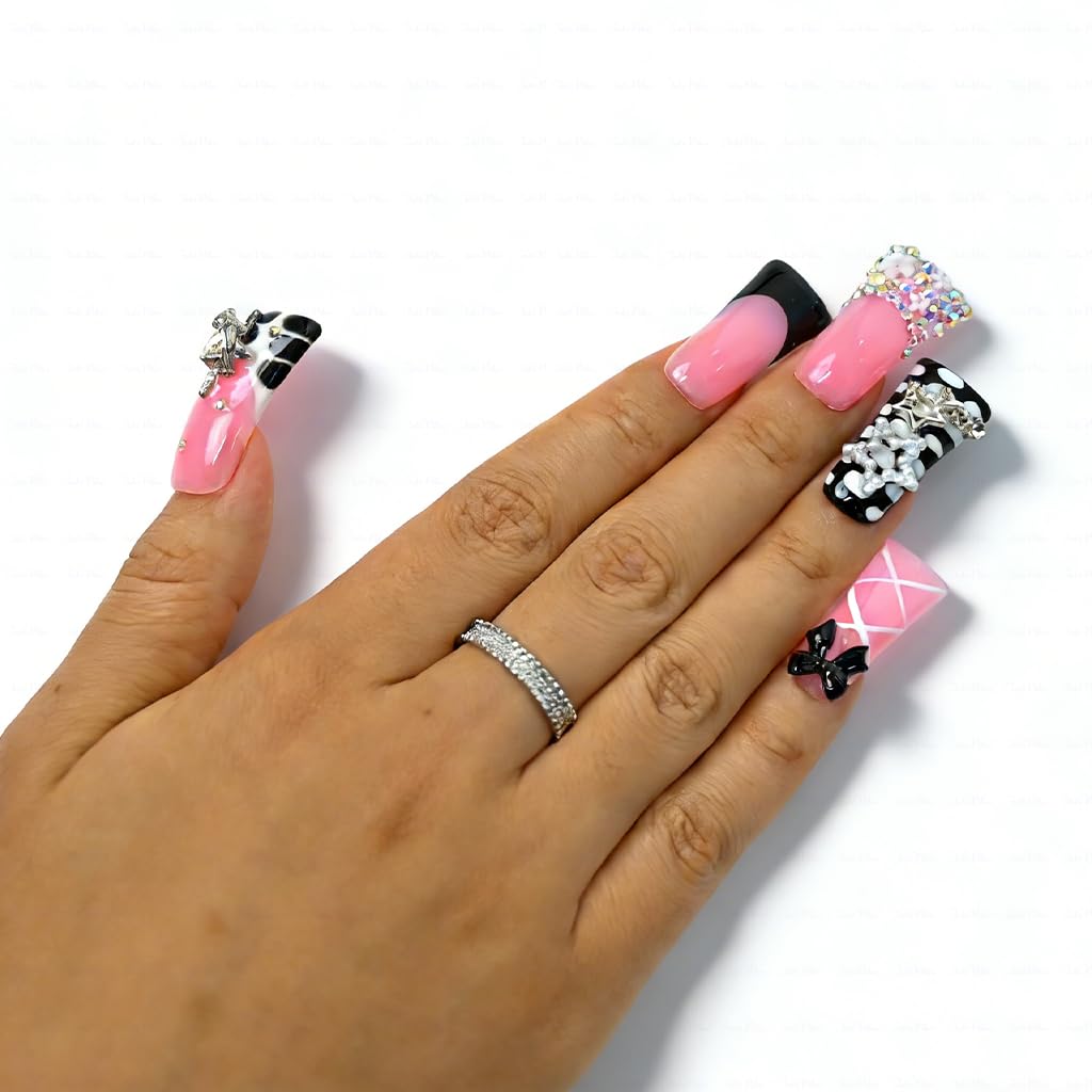 IntoVibes 10 Pieces Luxury Acrylic Press On Nails Long Handmade Duck Nails, Black Thickened False French Nails, With 3D Bowknot And Stars, Reusable Fake Nails, Acrylic Nails (M)