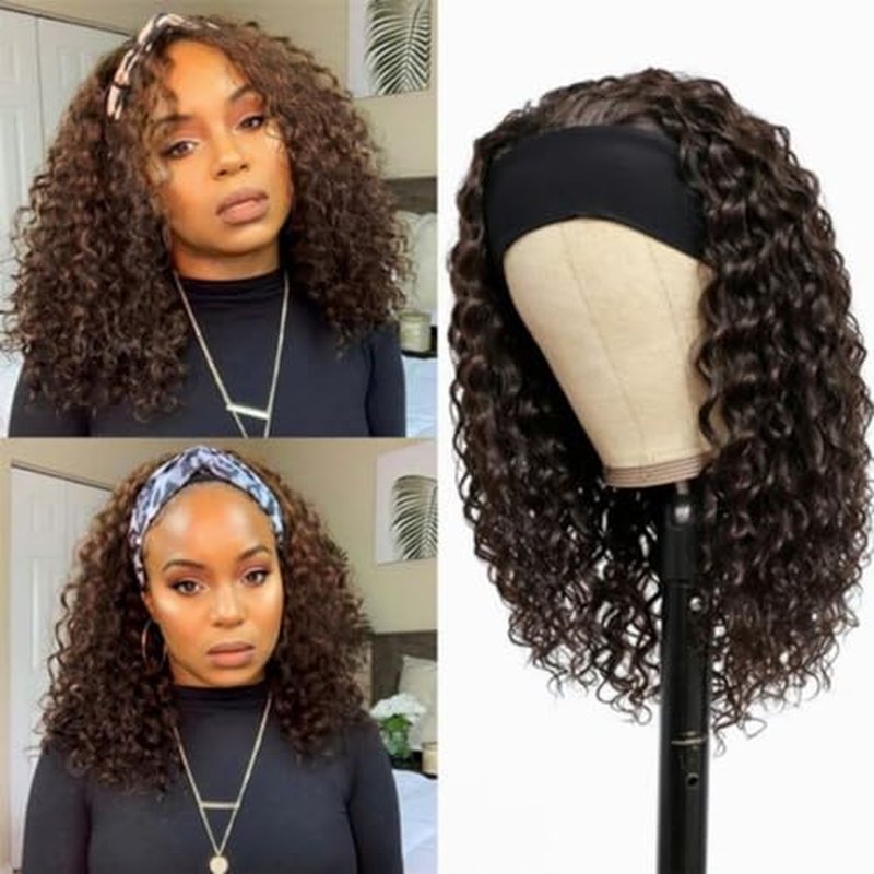 Headband Wig Human Hair Deep Wave Chocolate Brown Headband Wigs for black women Glueless Wigs Human Hair Machine Made 150% Density headband wig human hair with Headbands 22 Inches