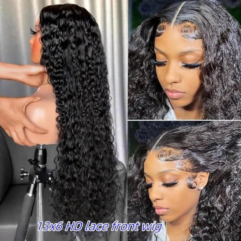 13x6 Deep Wave Lace Front Wigs Human Hair 220 Density HD Transparent Pre Plucked Deep Curly Frontal Wigs Human Hair for Women Natural Black 34 Inch