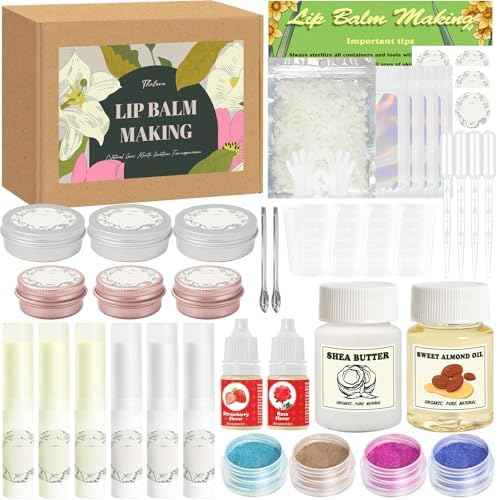 Thaluna Lip Balm Making Kit- Shea Butter Make Your Own Lip Balm for Adults, Moisturizing DIY Lip Gloss Kit with Beeswax, Sweet Almond Oil, Essential Oil, Empty Tubes, Christmas Gift for Girls & Women