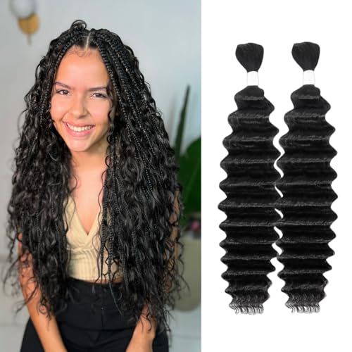 Deep Wave Human Braiding Hair 20Inch 2 Bundles 100g Bulk Human Hair for Braiding No Weft Human Braiding Hair for Boho Braids Wet and Wavy 100% Brazilian Virgin Curly Hair for Braiding Hair Extensions