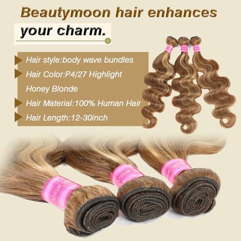 Ombre Highlight Body Wave Bundles Human Hair Honey Blonde 3 Bundles Human Hair 18 20 22 Inch Soft and Healthy 100% Unprocessed Brazilian Virgin Remy Hair Double Weft for Black Women p4-27