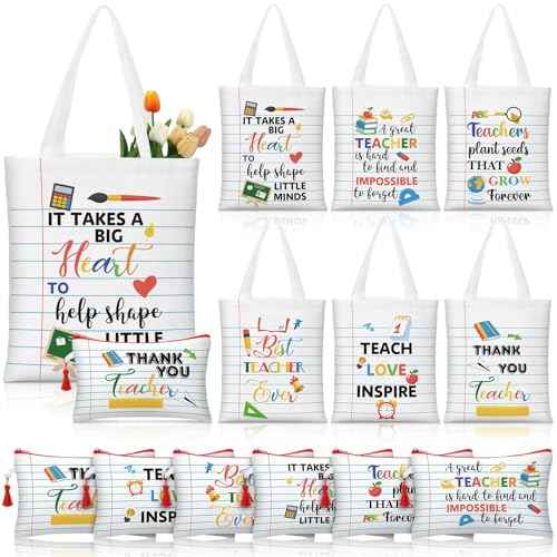 Paterr 12 Pcs Christmas Teacher Appreciation Gift for Women Christmas Gifts Ideas Basket Filler Canvas Teacher Tote Bag with Makeup Bag Notebook Style for Office School Classroom Supplies