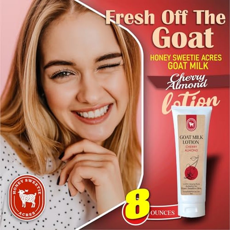 Honey Sweetie Acres Fresh Off The Goat All-Natural Goat Milk 8 oz Cherry Almond Body Lotion is a cruelty-free, handmade lotion that hydrates and moisturizes - Made in the USA